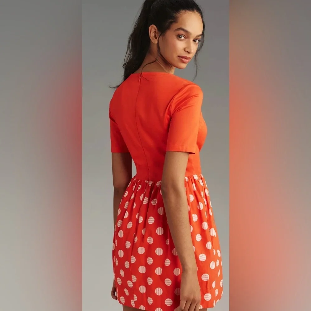 ANTHROPOLOGIE X MAEVE L Short-Sleeve Square-Neck Mini Dress W polka dot skirt